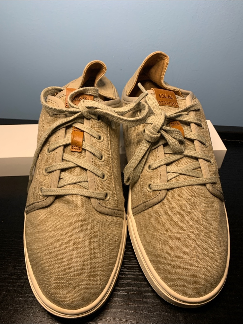 OluKai women’s Canvas Sneakers in Khaki with Leather Accents